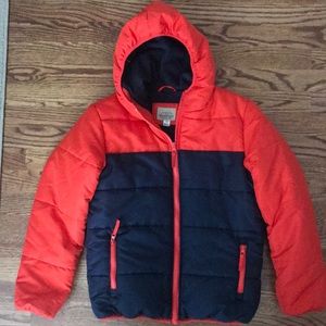 Boys jacket size 10-12 medium Navy/Orange medium weight Hood does not detach